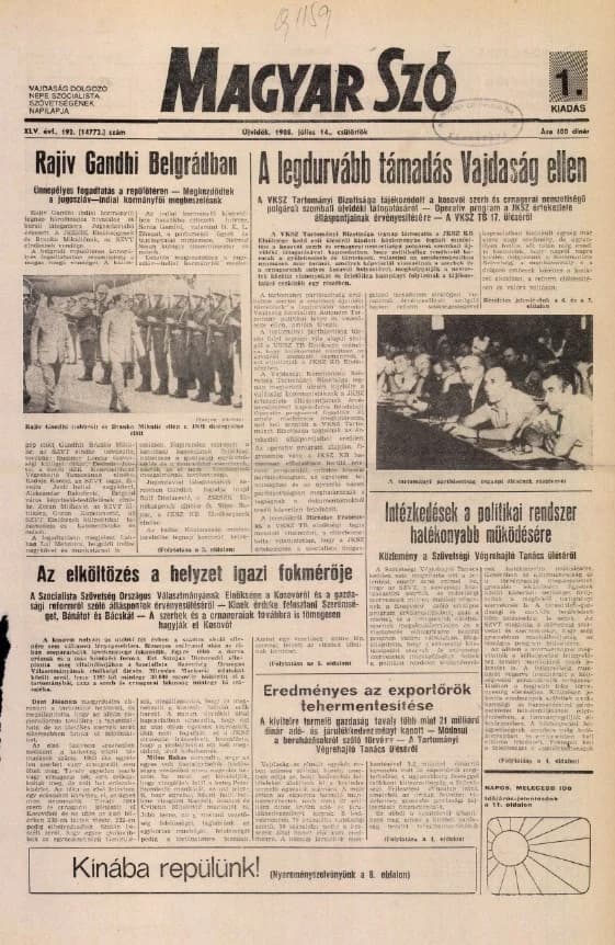 Magyar Szó, 45. évf. 1988. július 14. 192. sz. 1–16. oldal