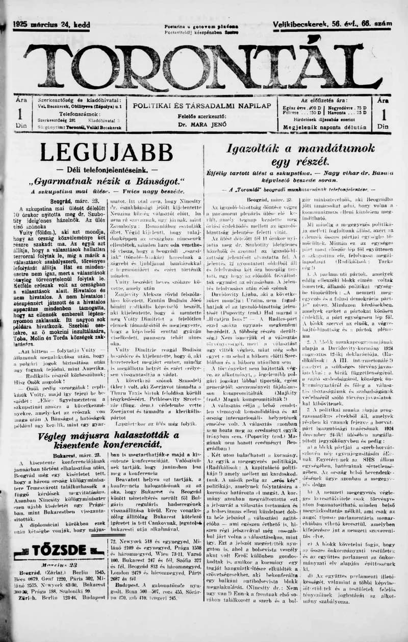 Torontál, 54. évf. 1925. március 24. 66. sz.
