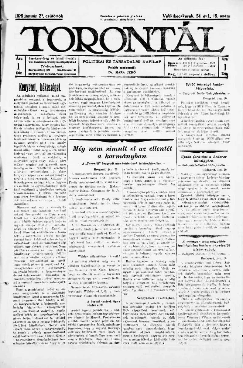 Torontál, 54. évf. 1925. január 22. 15. sz.