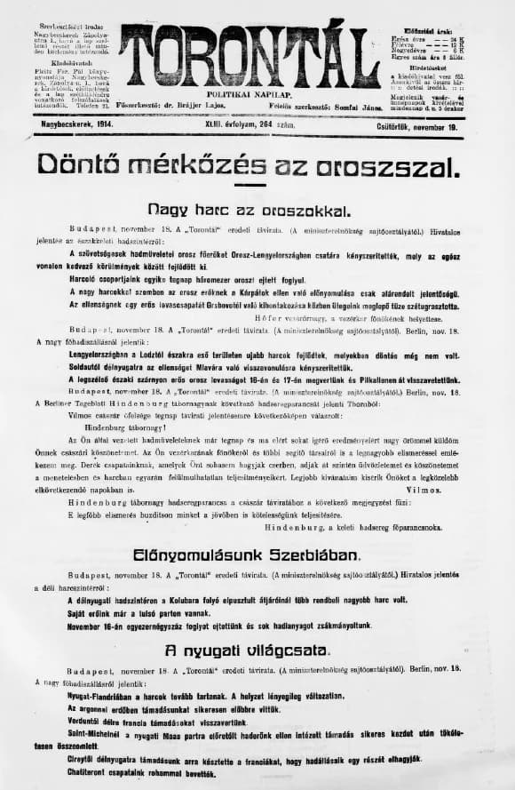 Torontál, 43. évf. 1914. november 19. 264. sz.
