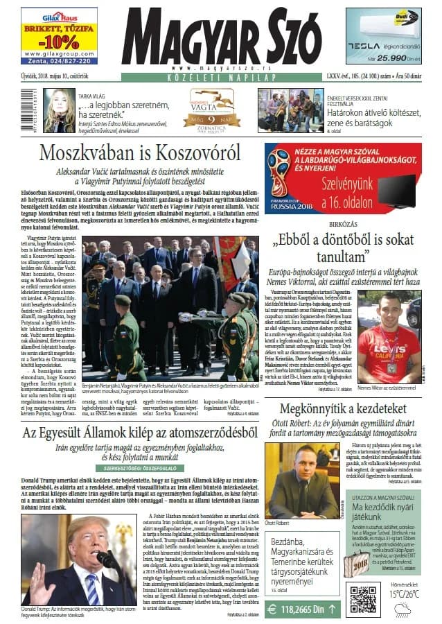 Magyar Szó, 75. évf. 2018. május 10. 105. sz. 1–20. oldal