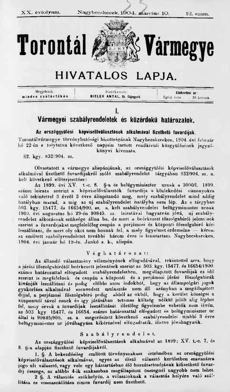 Torontál Vármegye Hivatalos Lapja, 20. évf. 1904. március 10. 12. sz.