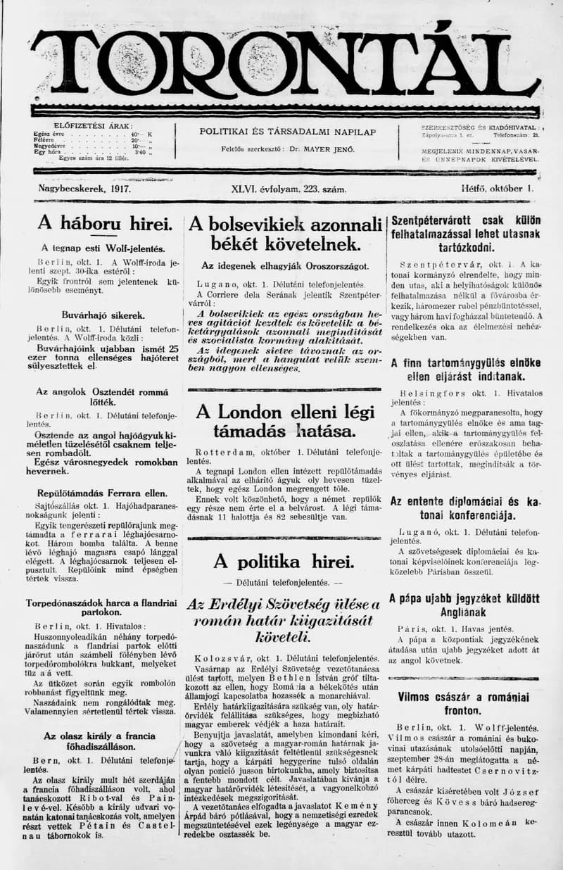 Torontál, 46. évf. 1917. október 1. 223. sz.