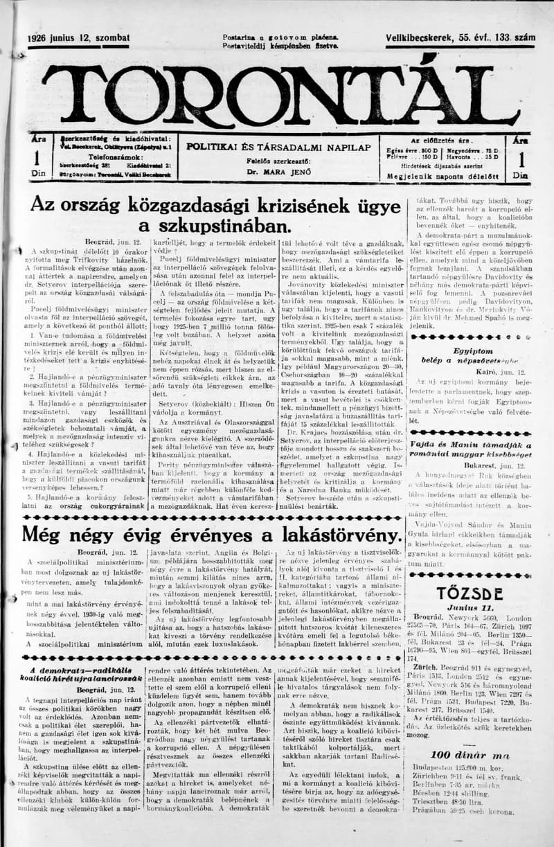 Torontál, 55. évf. 1926. június 12. 133. sz.
