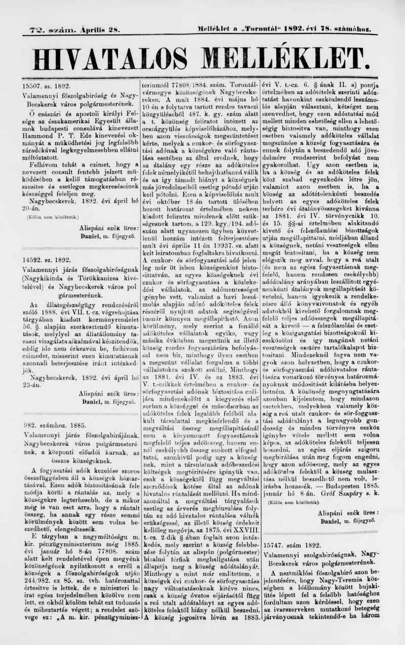 A Totontál  hivatalos melléklete, 5. évf. 1892. április 28. 72. sz.