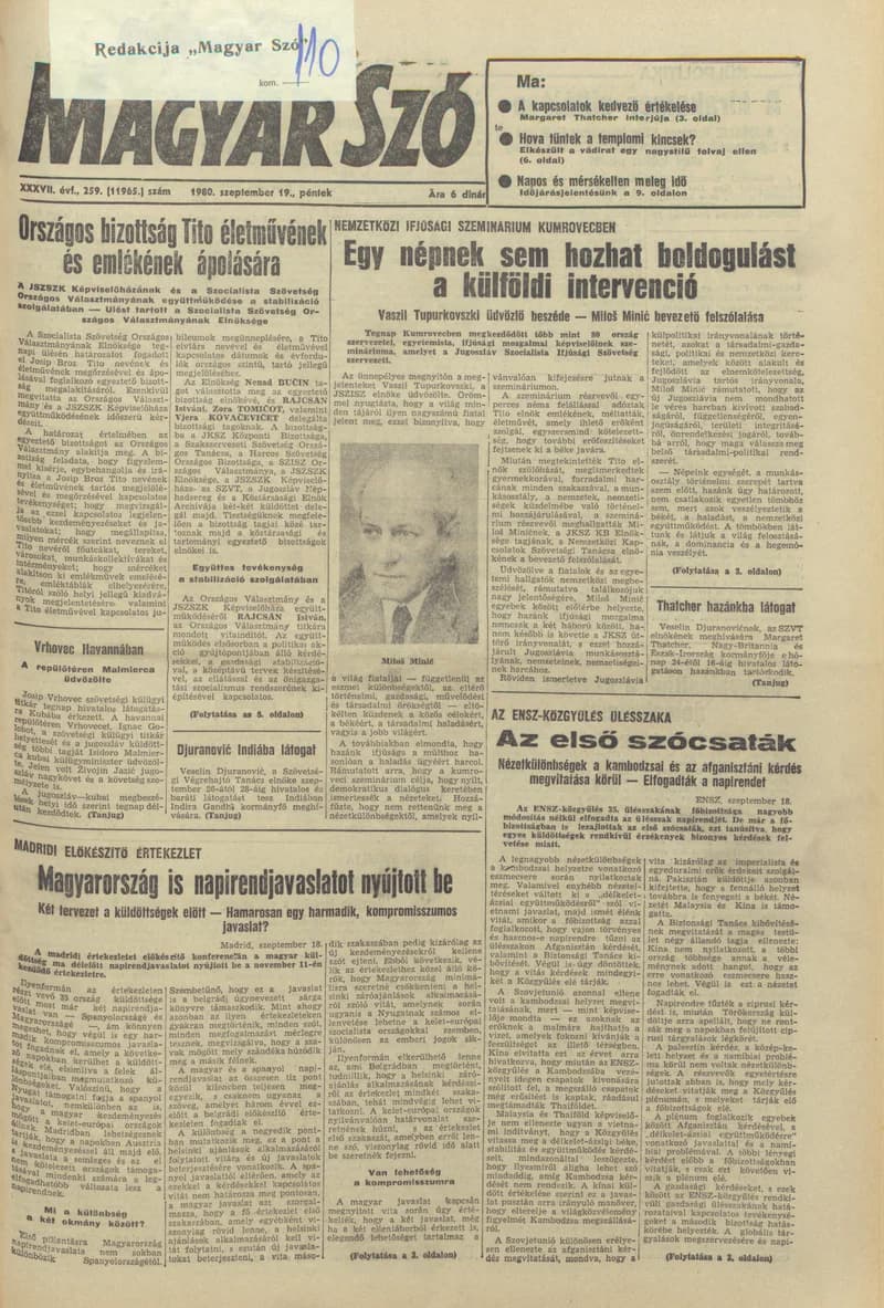 Magyar Szó, 37. évf. 1980. szeptember 19. 259. sz. 1–20. oldal