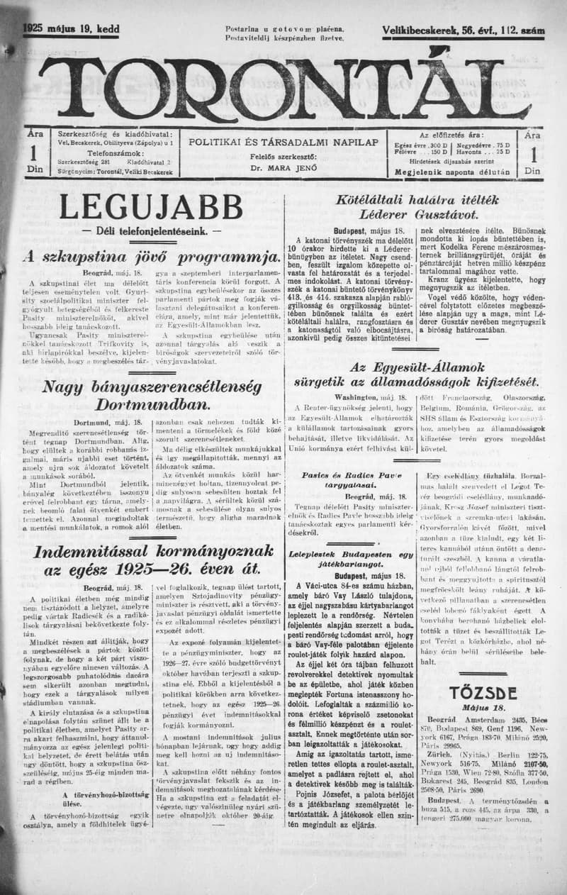 Torontál, 54. évf. 1925. május 19. 112. sz.
