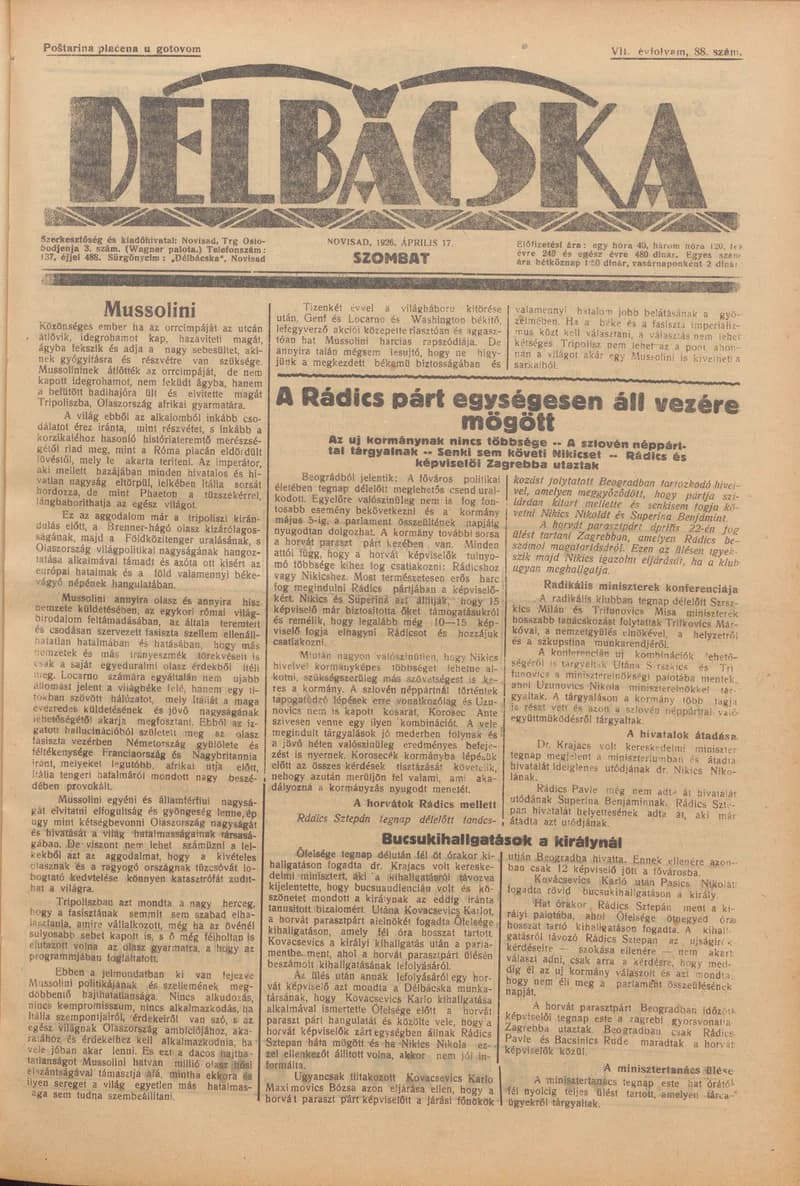 Délbácska, 7. évf. 1926. április 17. 88. sz.
