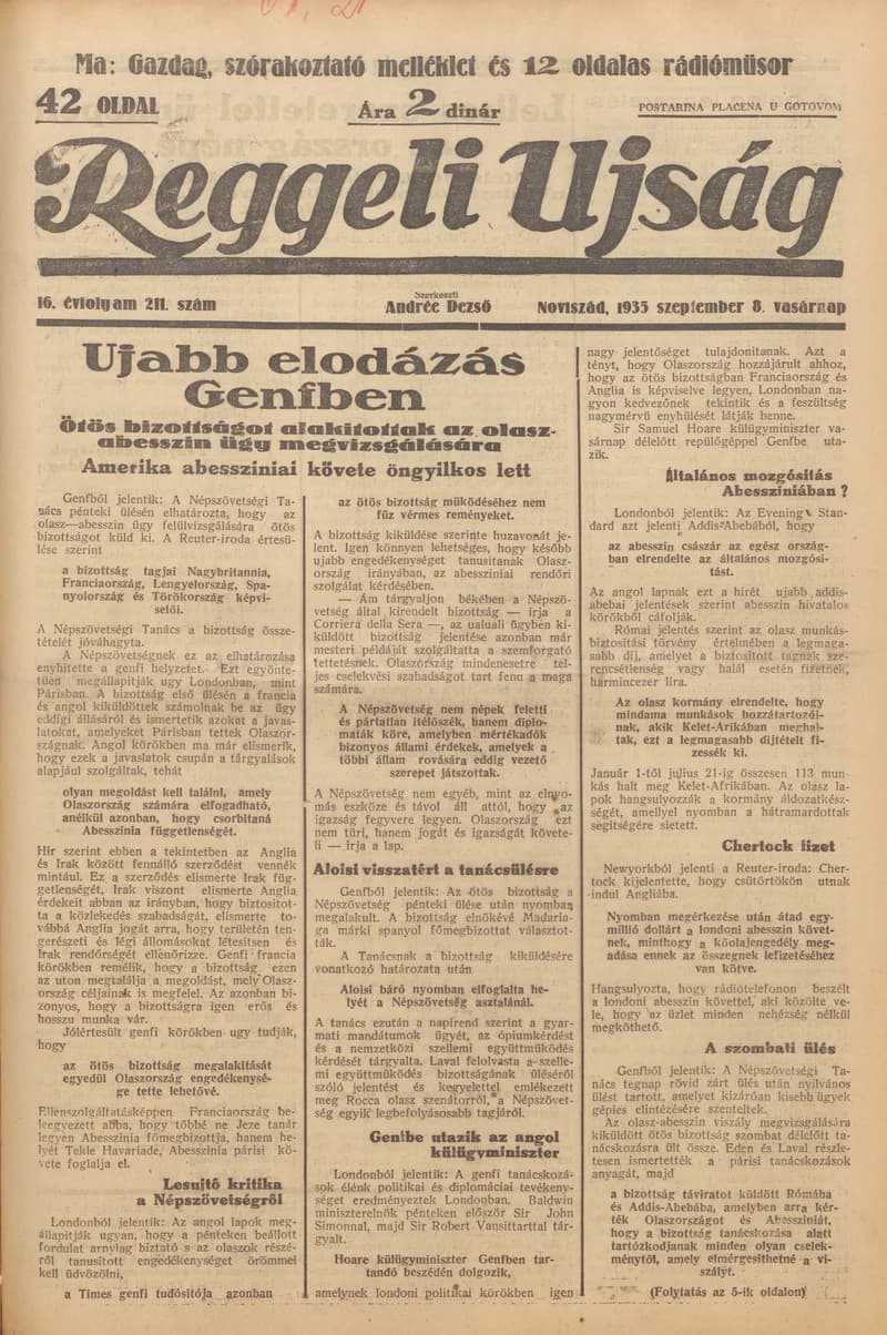 Reggeli Újság, 16. évf. 1935. szeptember 8. 211. sz.
