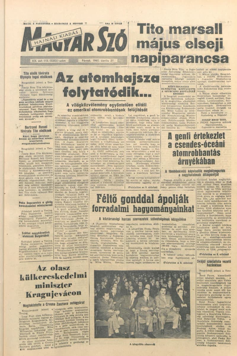 Magyar Szó, 19. évf. 1962. április 27. 115. sz. 1–14. oldal