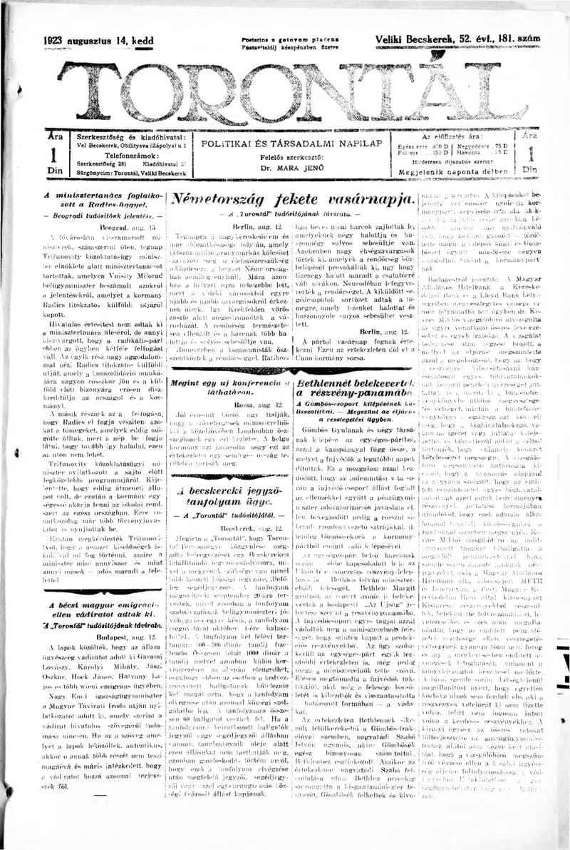 Torontál, 52. évf. 1923. augusztus 14. 181. sz.