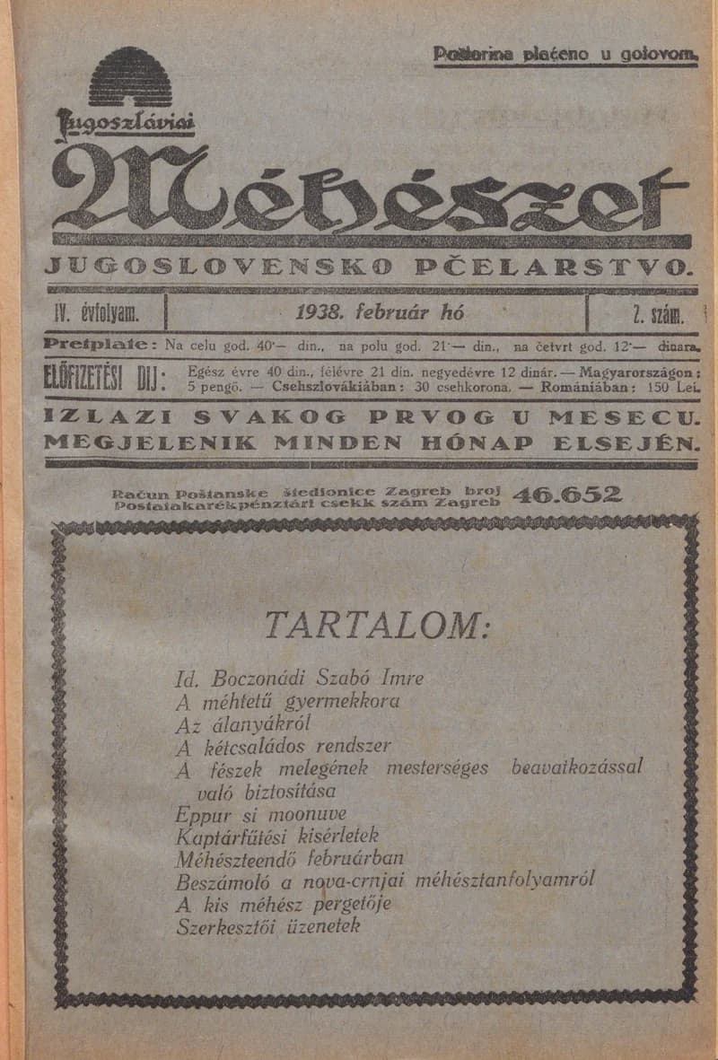 Jugoszláviai méhészet, 4. évf. 1938. február 1. 2. sz.