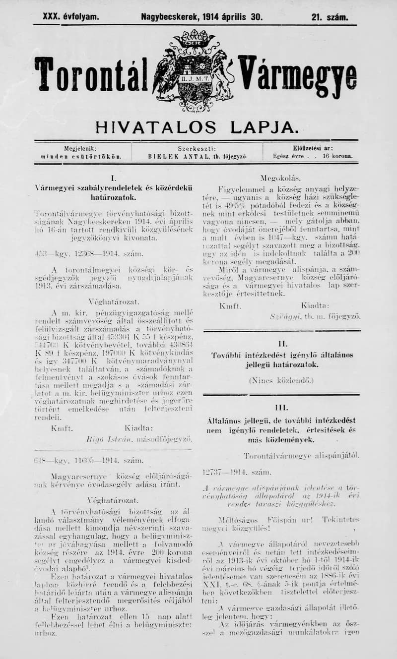 Torontál Vármegye Hivatalos Lapja, 30. évf. 1914. április 30. 21. sz.