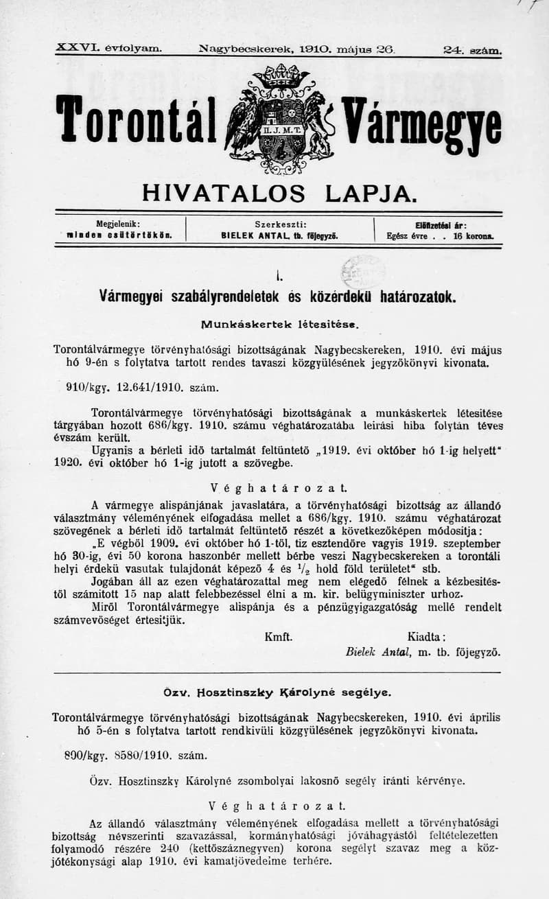 Torontál Vármegye Hivatalos Lapja, 26. évf. 1910. május 26. 24. sz.