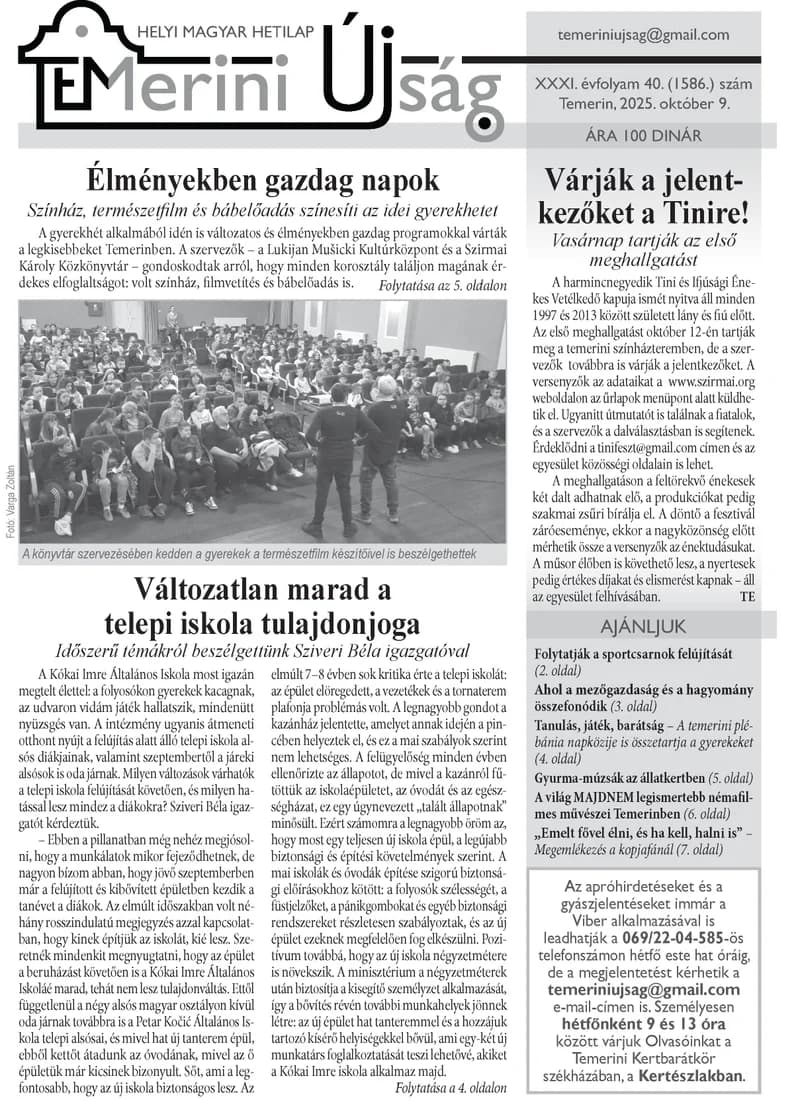 Temerini Újság, 31. évf. 2025. október 9. 40. sz.