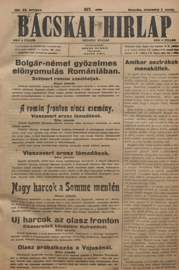 Bácskai Hirlap, 20. évf. 1916. szeptember 6. 407. sz.