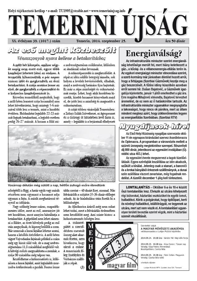 Temerini Újság, 20. évf. 2014. szeptember 25. 39. sz.