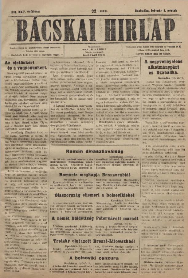 Bácskai Hirlap, 22. évf. 1918. február 8. 32. sz.