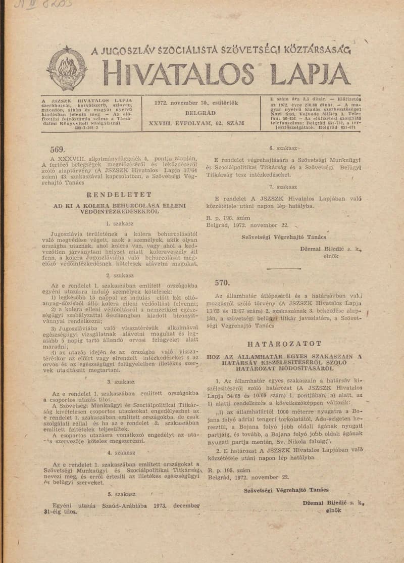 A Jugoszláv Szocialista Szövetségi Köztársaság Hivatalos Lapja, 27. évf. 1972. november 30. 62. sz. 1145–1152. oldal