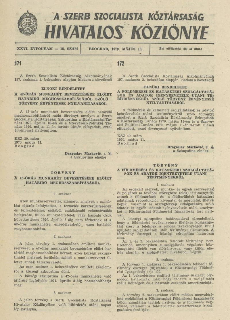 A Szerb Szocialista Köztársaság Hivatalos Közlönye, 26. évf. 1970. május 16. 18. sz. 497–504. oldal