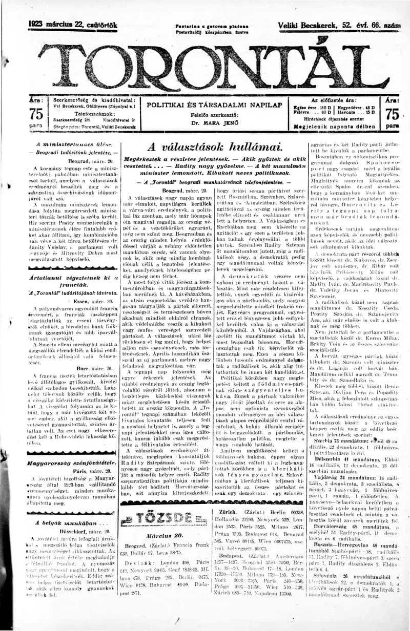 Torontál, 52. évf. 1923. március 22. 66. sz.