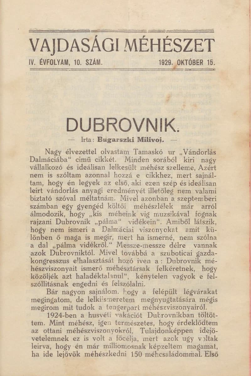 Vajdasági méhészet, 4. évf. 1929. október 15. 10. sz.