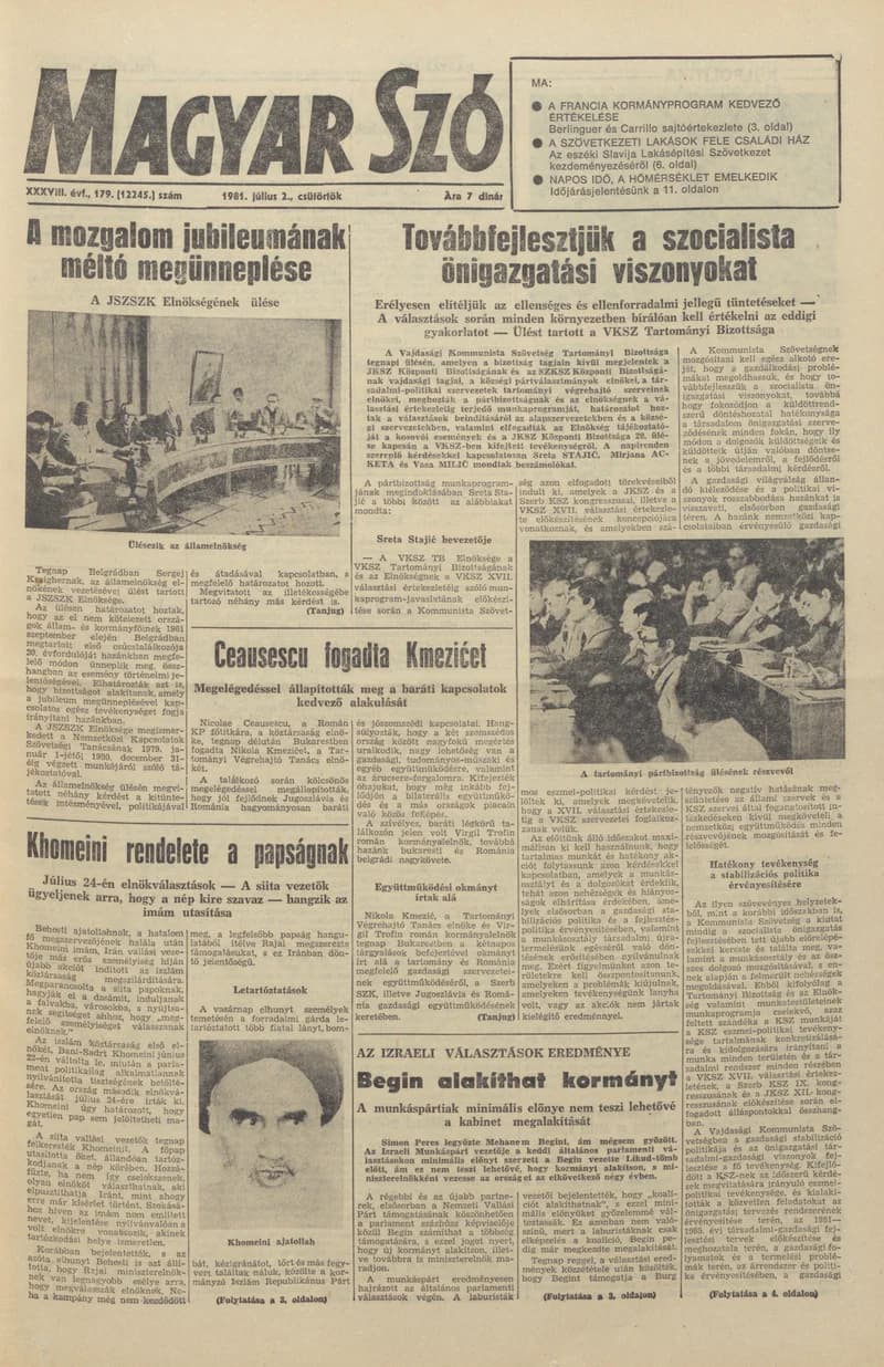 Magyar Szó, 38. évf. 1981. július 2. 179. sz.
