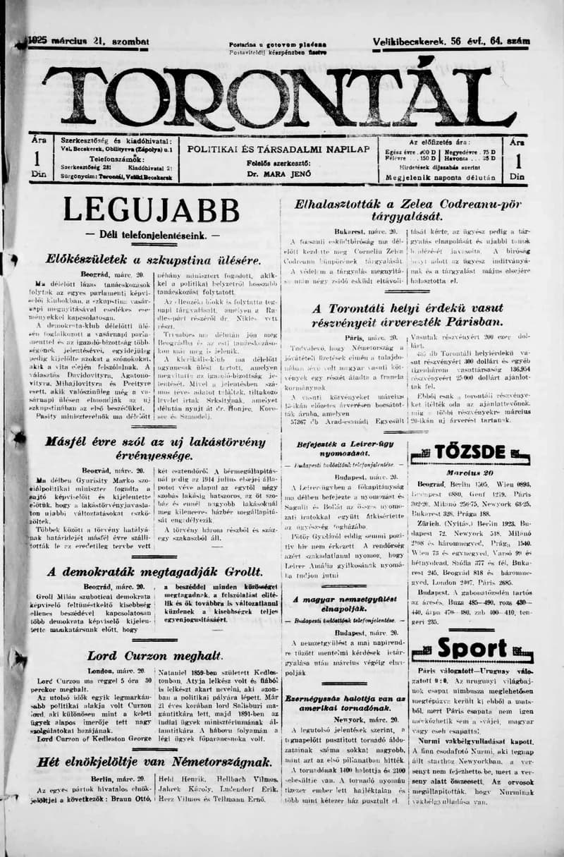 Torontál, 54. évf. 1925. március 21. 64. sz.