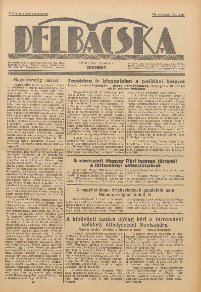 Délbácska, 7. évf. 1926. december 4. 280. sz.