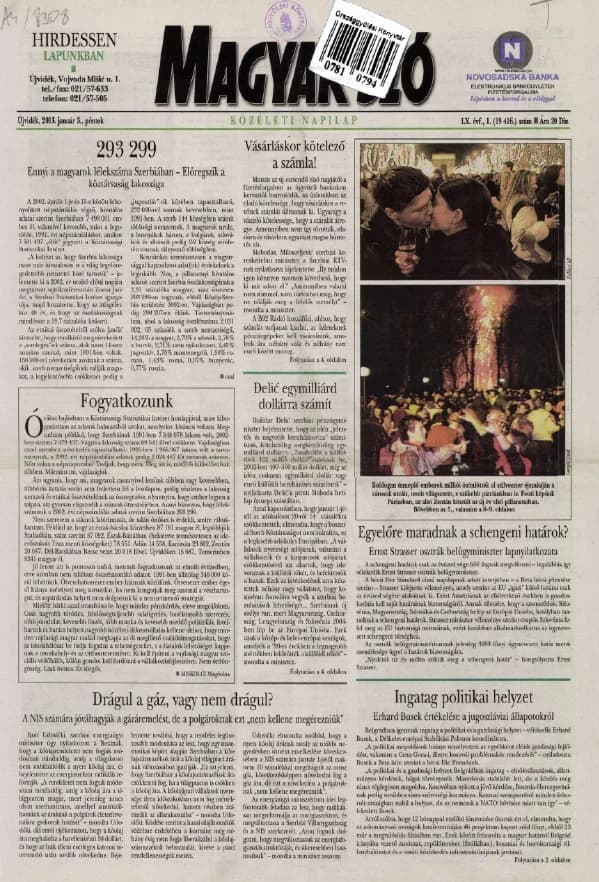 Magyar Szó, 60. évf. 2003. január 3. 1. sz. 1–16. oldal
