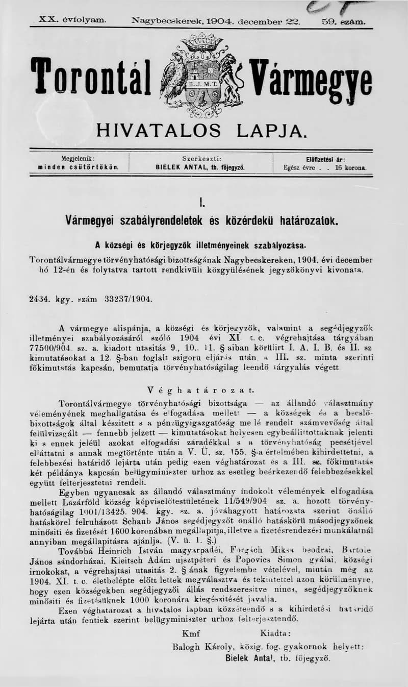 Torontál Vármegye Hivatalos Lapja, 20. évf. 1904. december 22. 59. sz.