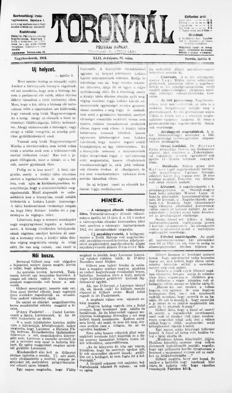 Torontál, 42. évf. 1913. április 9. 81. sz.