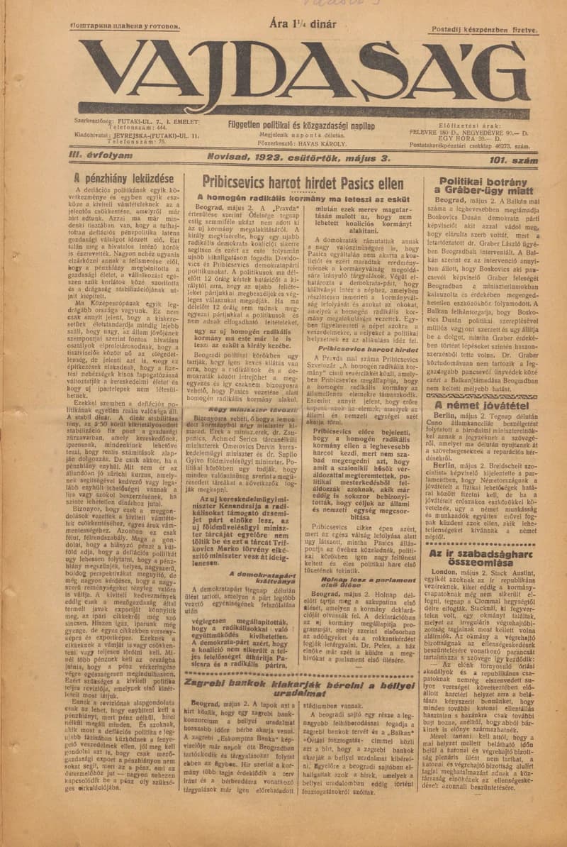 Vajdaság, 3. évf. 1923. május 3. 101. sz.