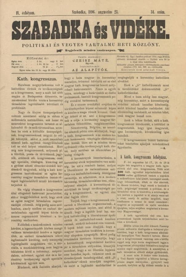 Szabadka és vidéke II, 4. évf. 1896. augusztus 23. 34. sz.