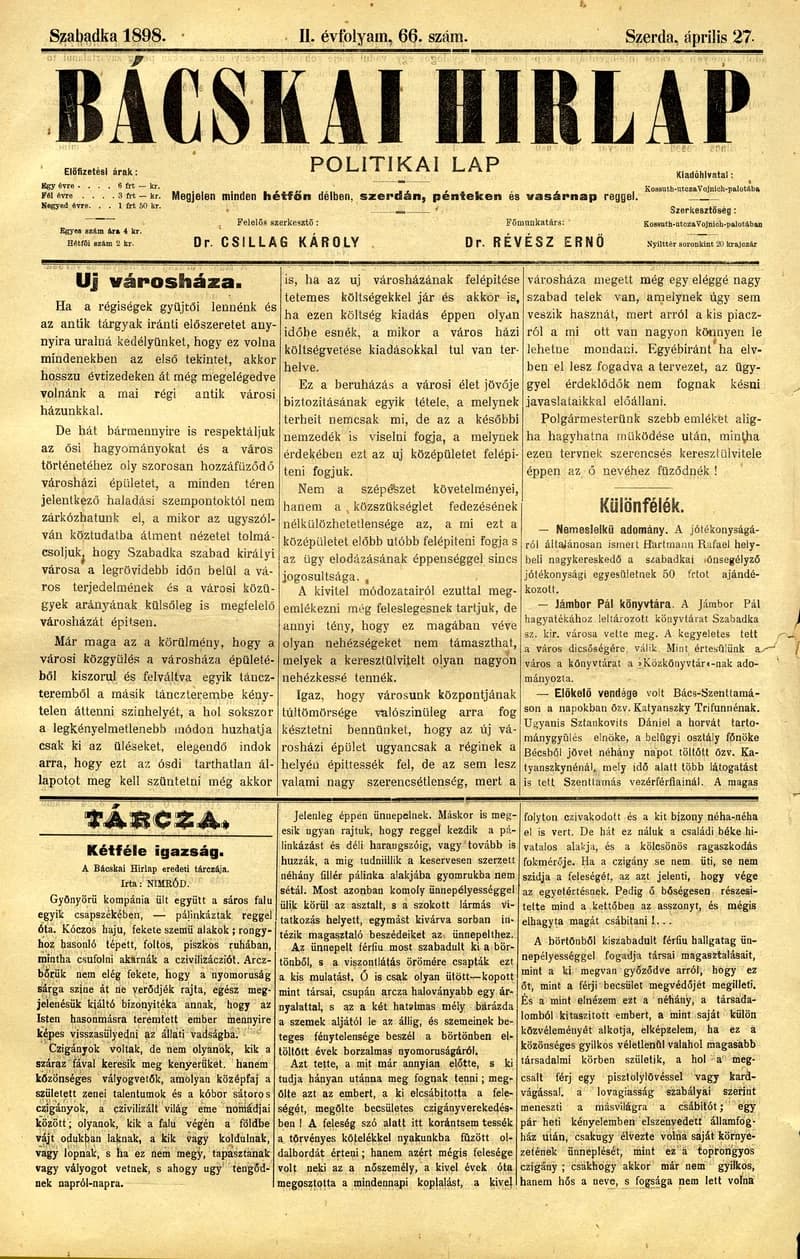 Bácskai Hirlap, 2. évf. 1898. április 27. 66. sz. 1–4. oldal