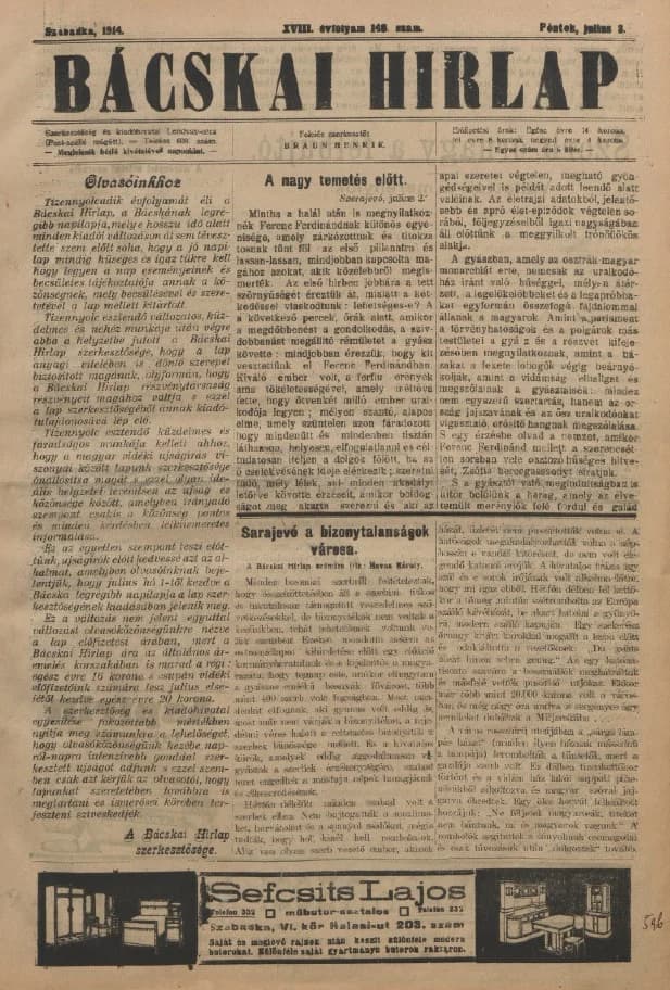 Bácskai Hirlap, 18. évf. 1914. július 3. 148. sz.