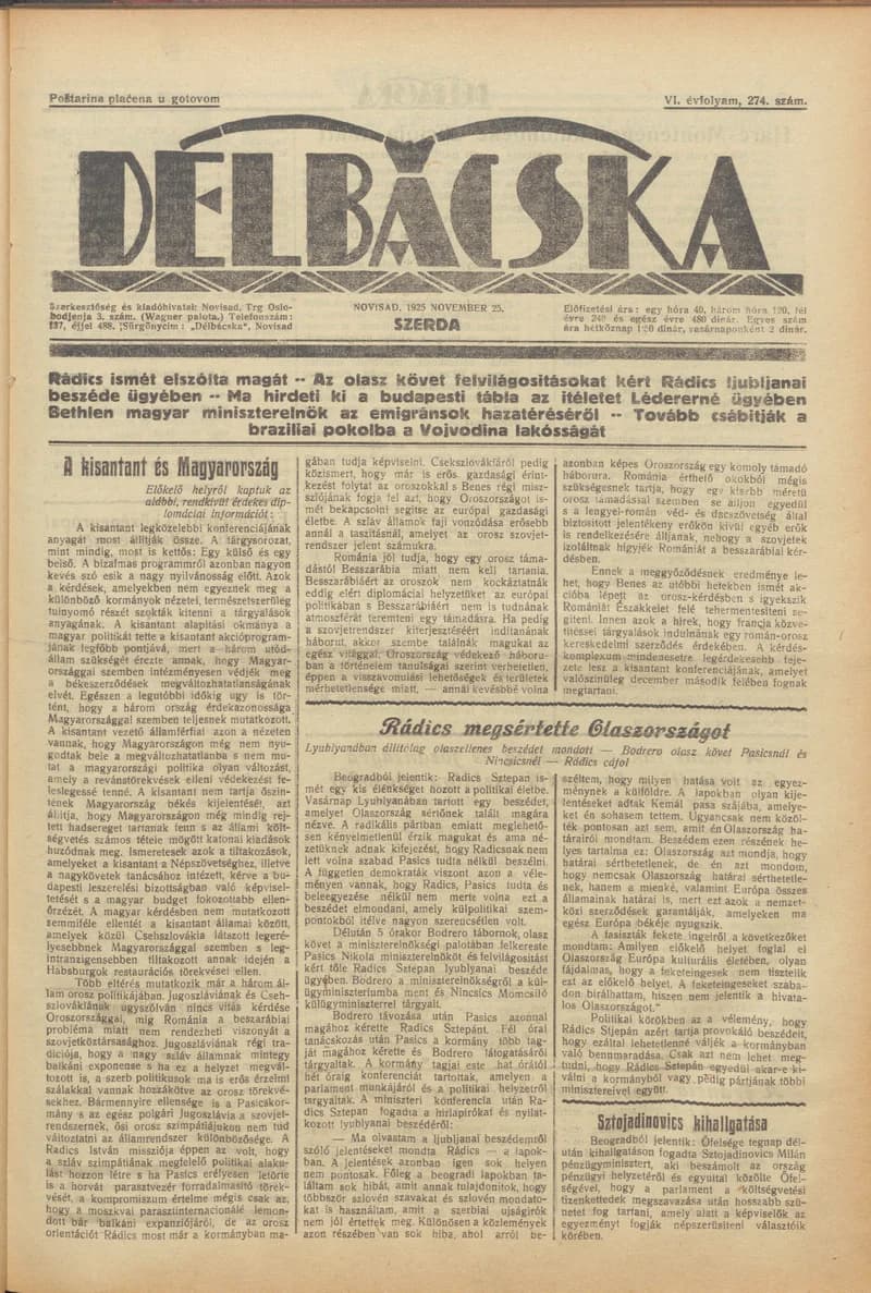 Délbácska, 6. évf. 1925. november 25. 274. sz.