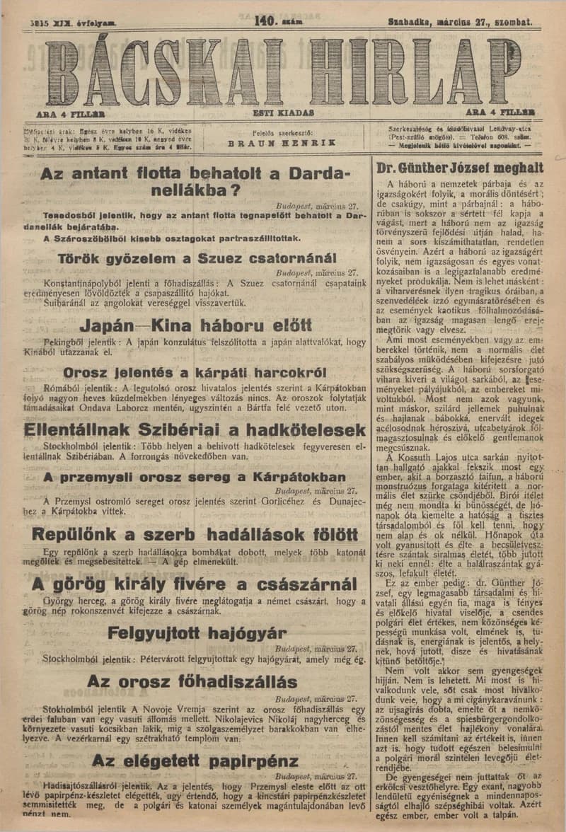 Bácskai Hirlap, 19. évf. 1915. március 27. 140. sz.