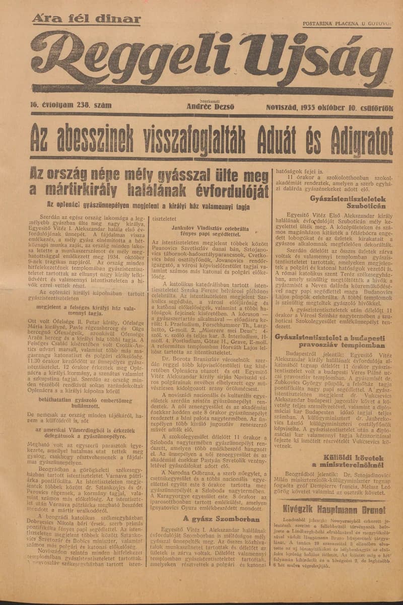 Reggeli Újság, 16. évf. 1935. október 10. 238. sz.