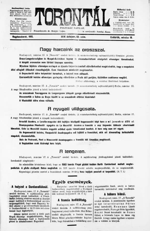 Torontál, 44. évf. 1915. március 18. 63. sz.