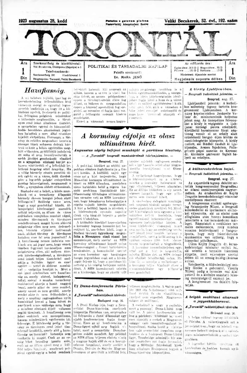 Torontál, 52. évf. 1923. augusztus 28. 192. sz.