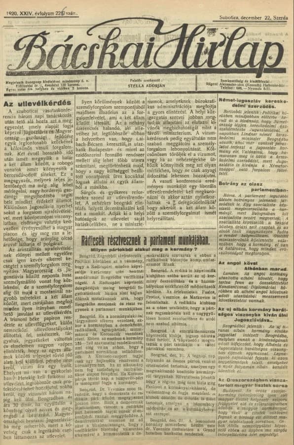 Bácskai Hirlap, 24. évf. 1920. december 22. 226. sz.