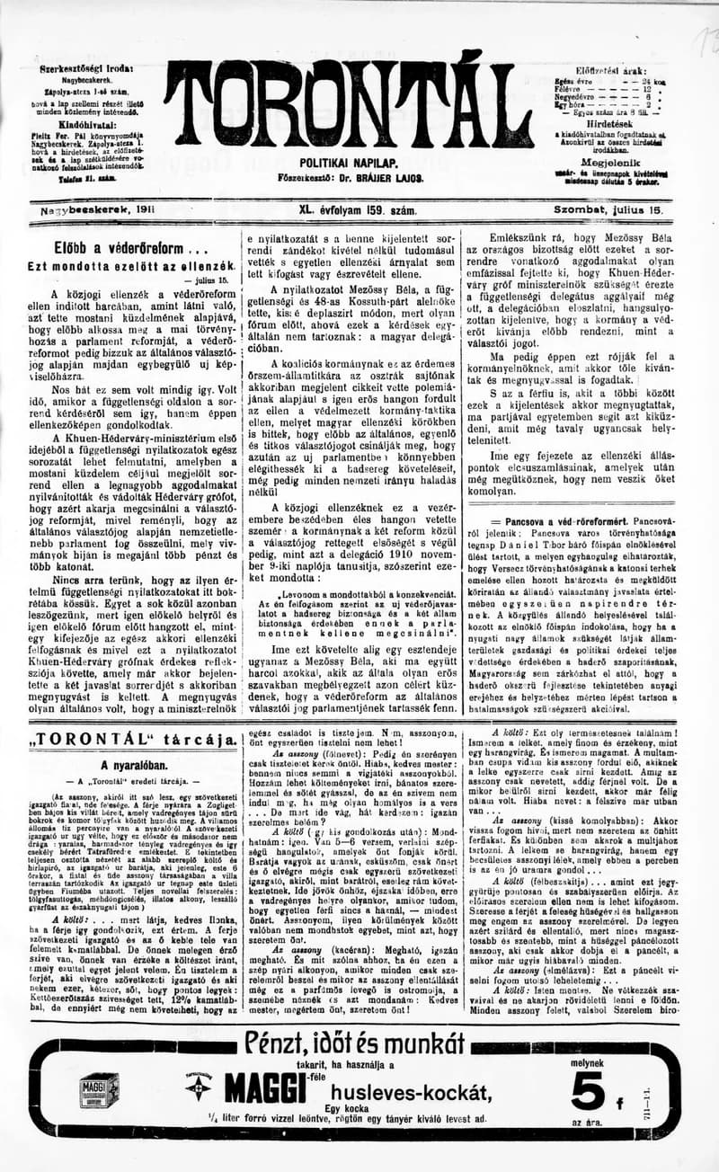 Torontál, 40. évf. 1911. július 15. 159. sz.