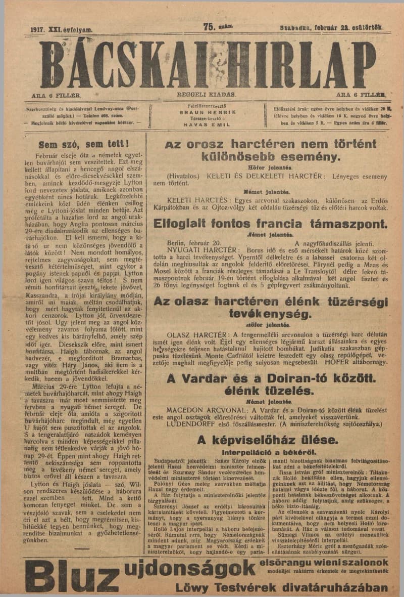 Bácskai Hirlap, 21. évf. 1917. február 22. 75. sz.