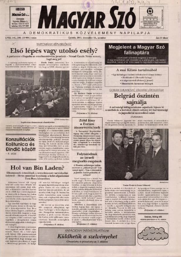 Magyar Szó, 58. évf. 2001. december 15. 288. sz. 1–16. oldal