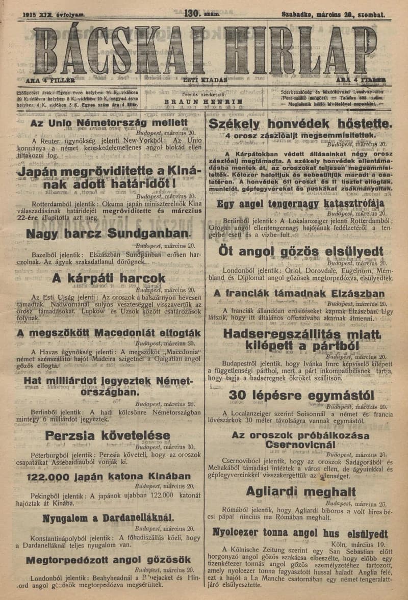 Bácskai Hirlap, 19. évf. 1915. március 20. 130. sz.