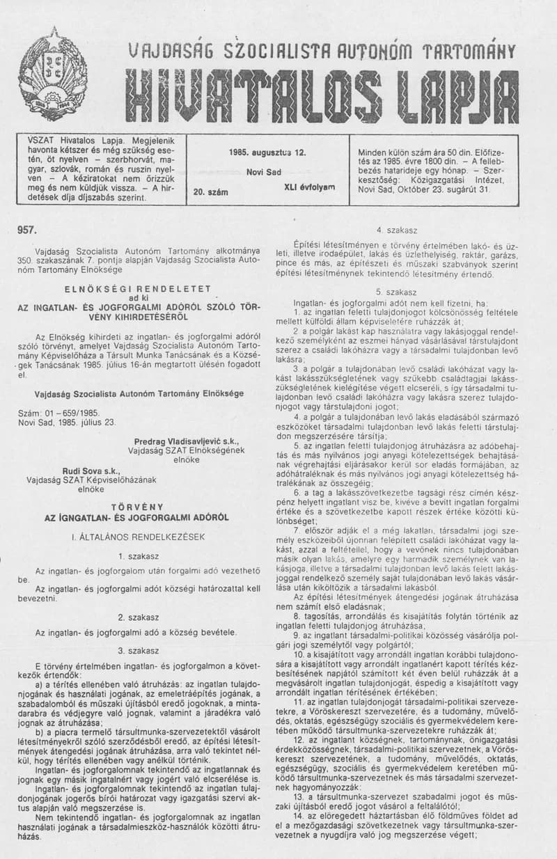 Vajdaság Szocialista Autonóm Tartomány Hivatalos Lapja, 41. évf. 1985. augusztus 12. 20. sz.