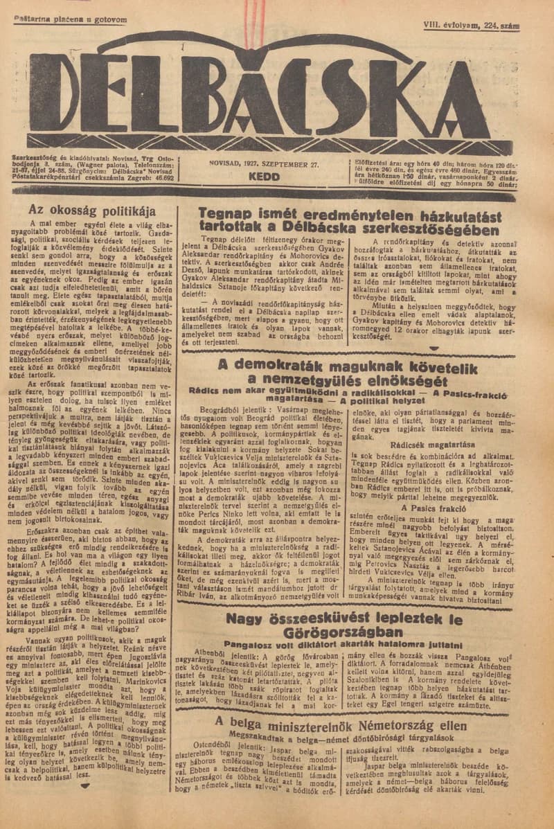 Délbácska, 8. évf. 1927. szeptember 27. 224. sz.
