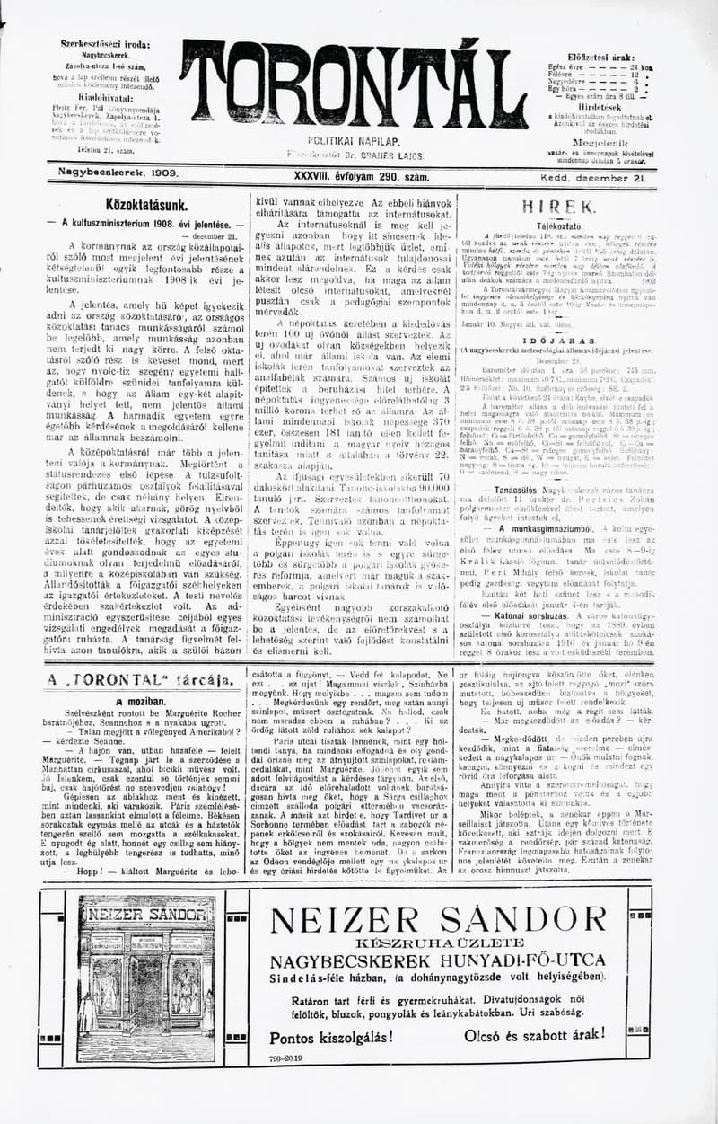 Torontál, 38. évf. 1909. december 21. 290. sz.