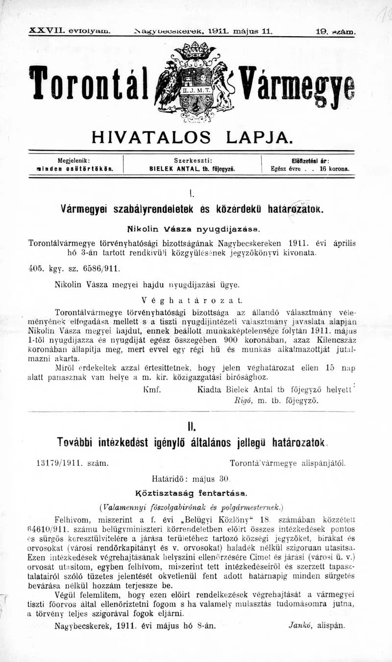 Torontál Vármegye Hivatalos Lapja, 27. évf. 1911. május 11. 19. sz.